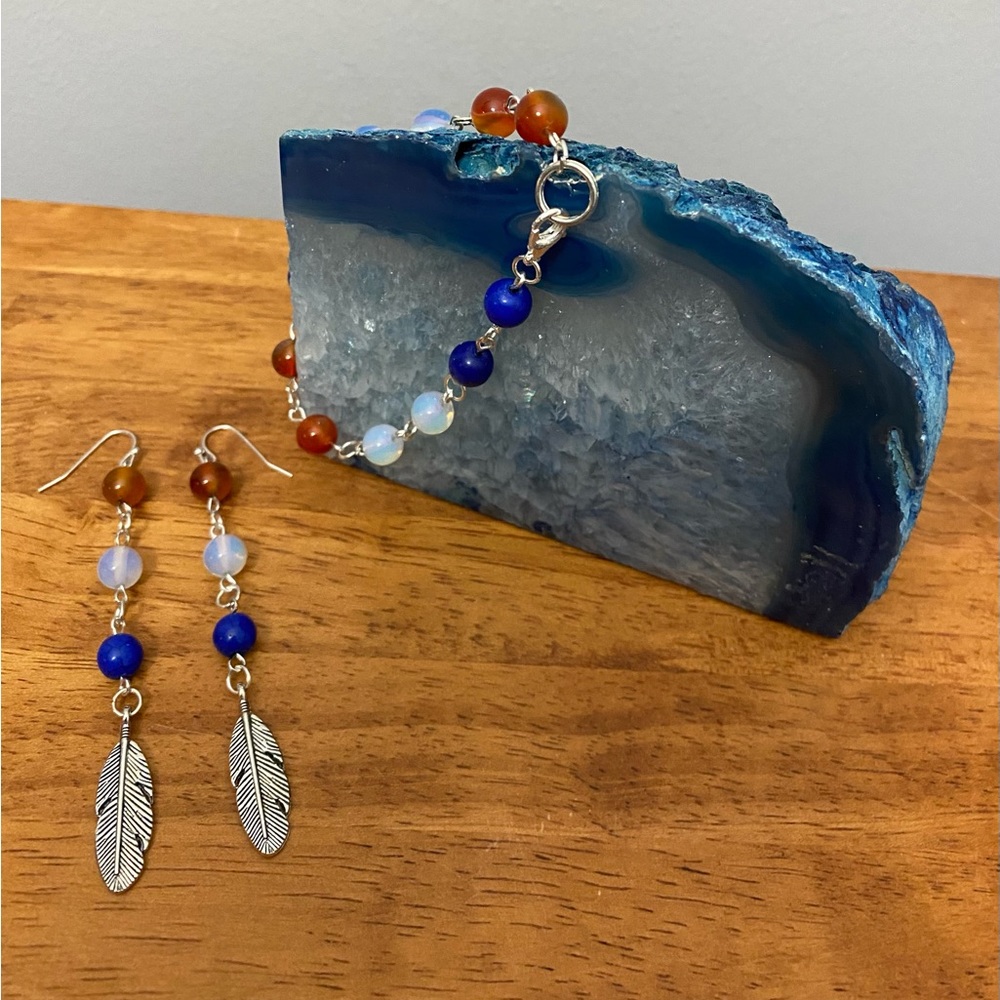 Carnelian, Opalite, and Lapis Lazuli crystals bracelet and earring set